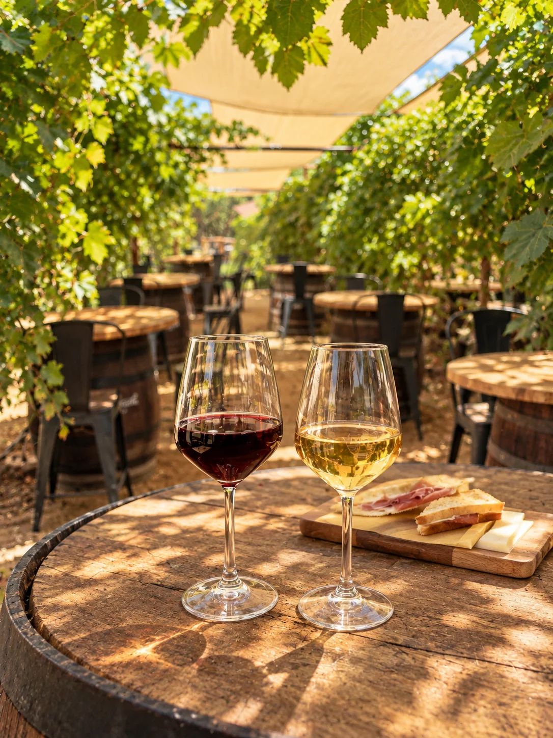 Red and white wine on a shaded vineyard patio at In Contrada Vineyard & Kitchen